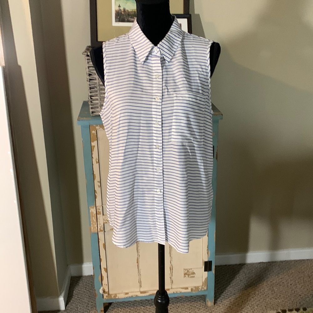 NWOT Girl Krazy Blue/White Pinstripe Sleeveless Button Down Top. Size L